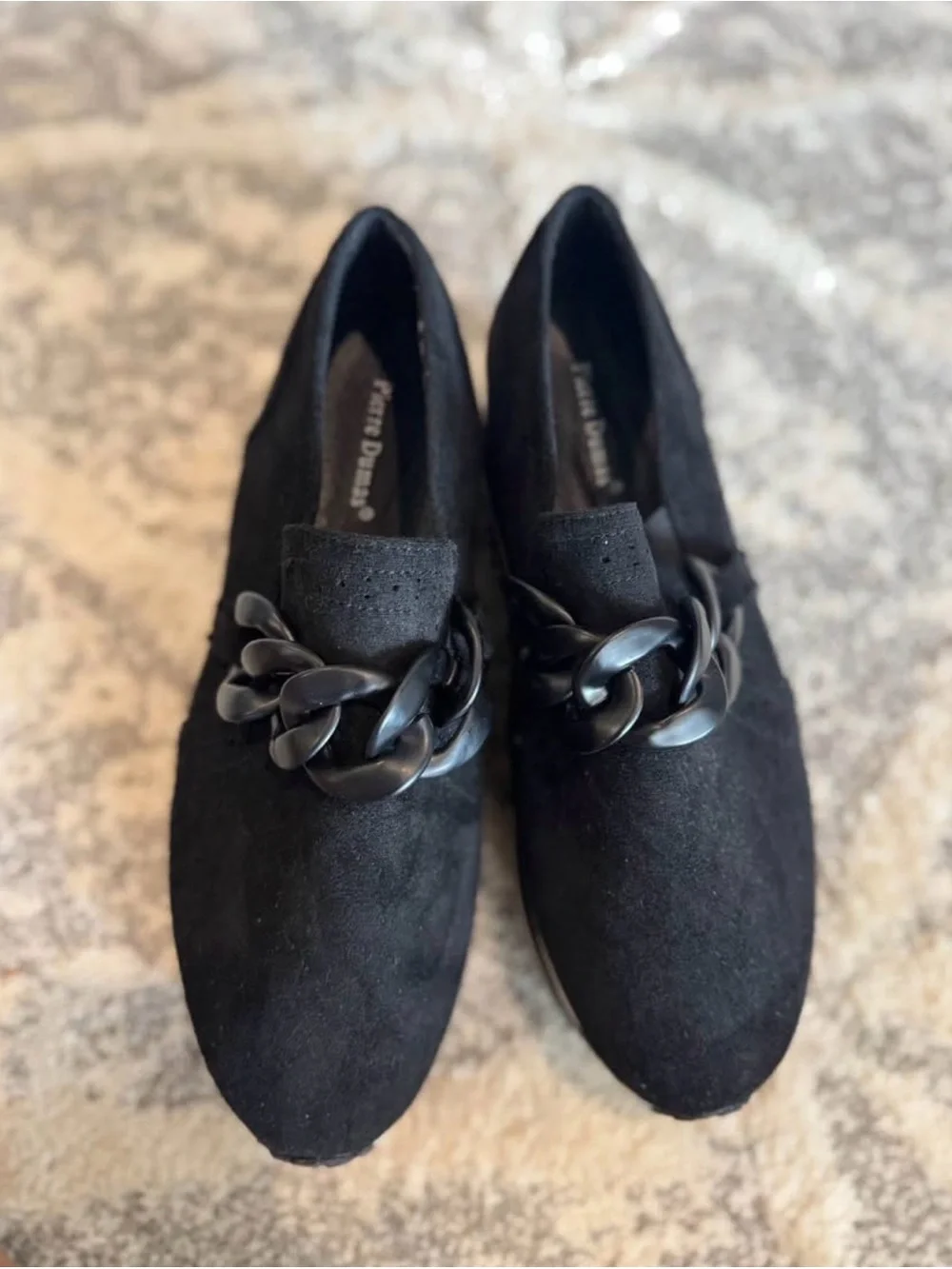 Pierre Dumas Black Suede Platform Loafers with Chain Accent
